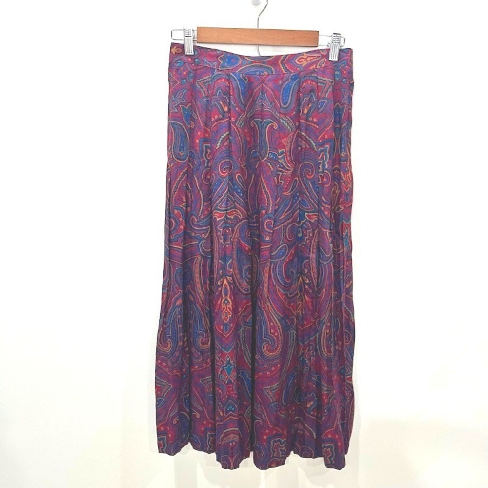 VTG 80s 90s J.G. Hook Paisley Midi Skirt Rayon Pleated Dark Academia Boho 12 M